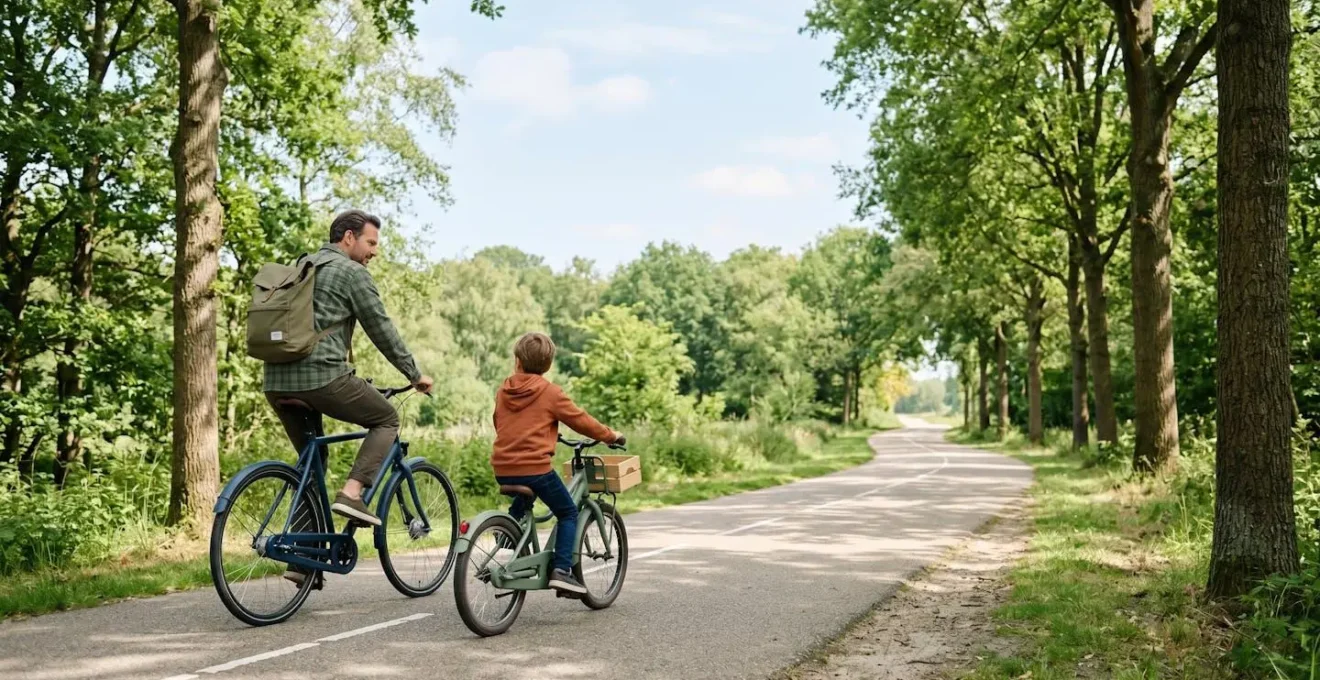 Parent and child cycling together on peaceful path toward a destination showing movement as adventure