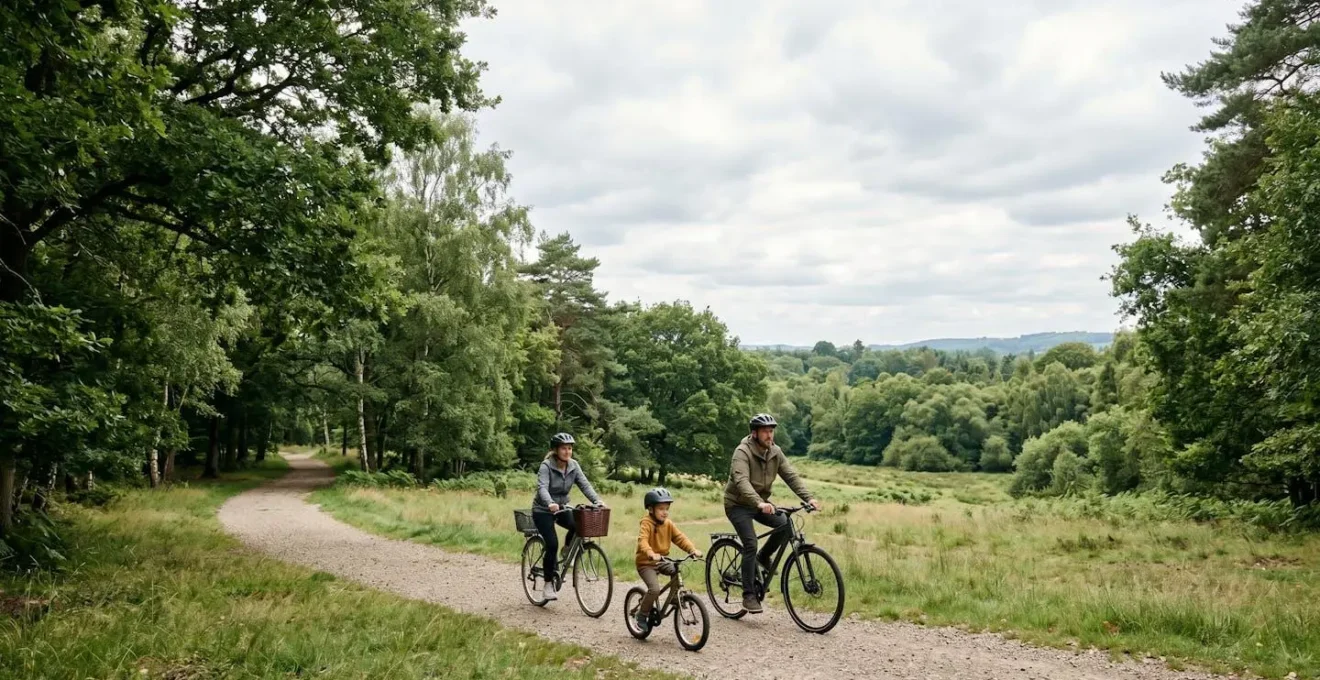 Wide environmental shot of family cycling together on tree-lined path with natural landscape and open sky