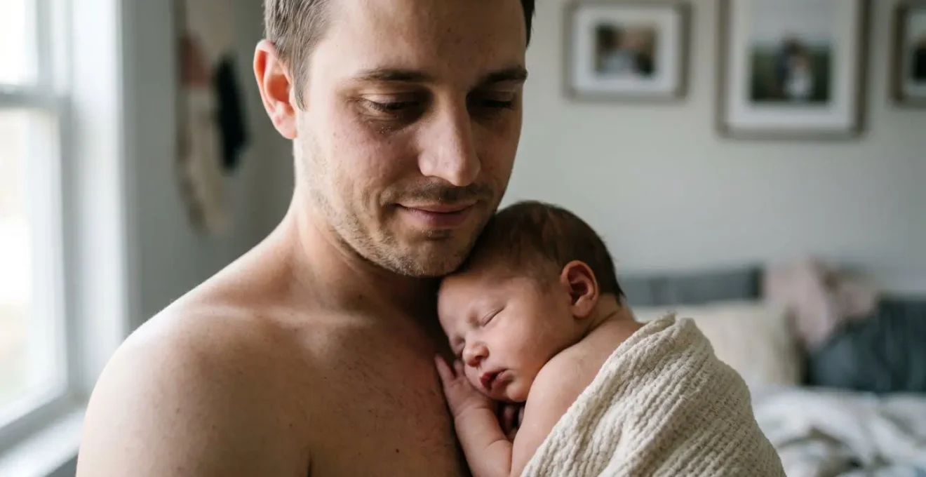 A father holding his newborn baby in quiet contemplation during early morning hours, capturing the emotional complexity of early fatherhood
