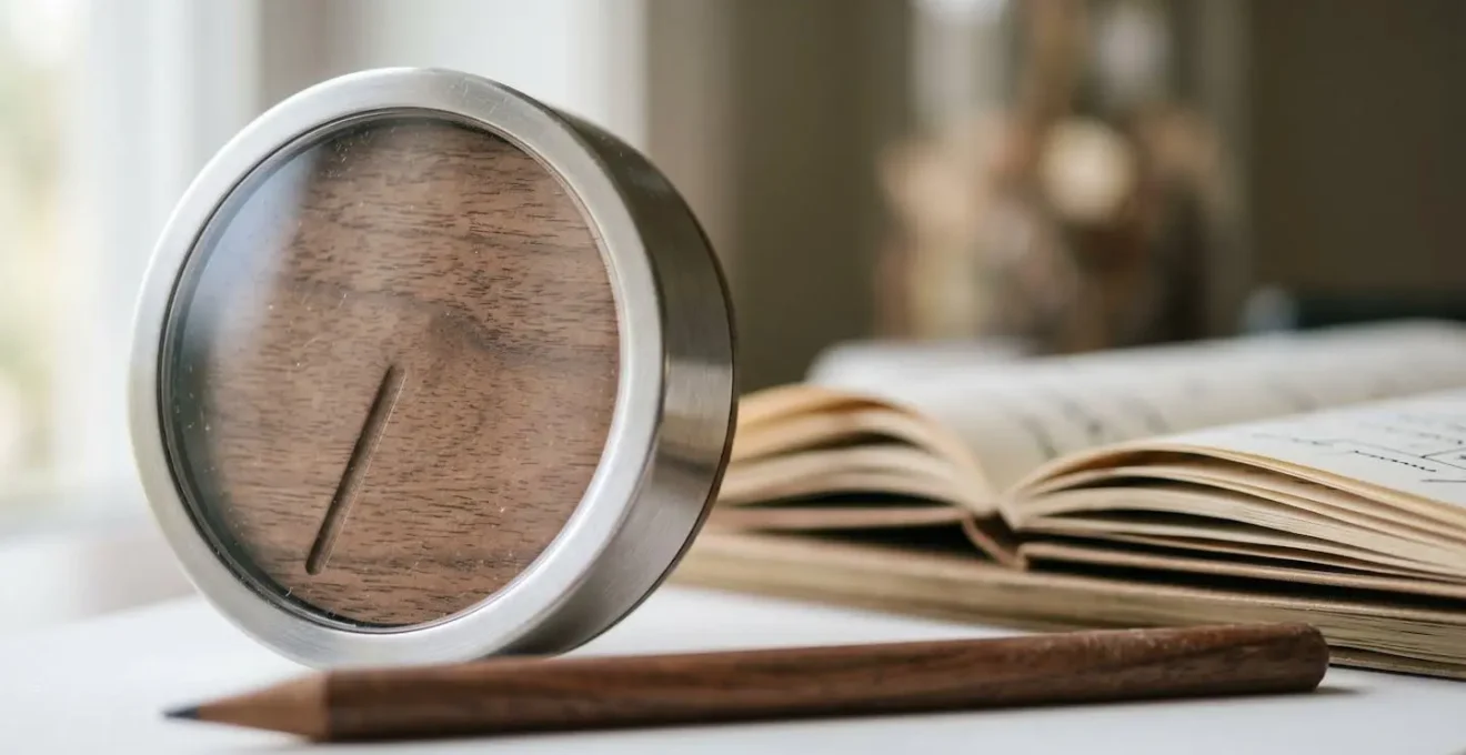 Close-up detail of a minimalist timer and study materials suggesting focused work intervals