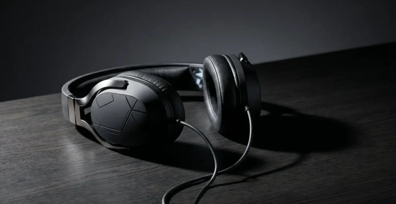 A gaming headset resting on a neutral surface with soft dramatic lighting creating symbolic shadows, representing the hidden spaces where predators operate in gaming platforms