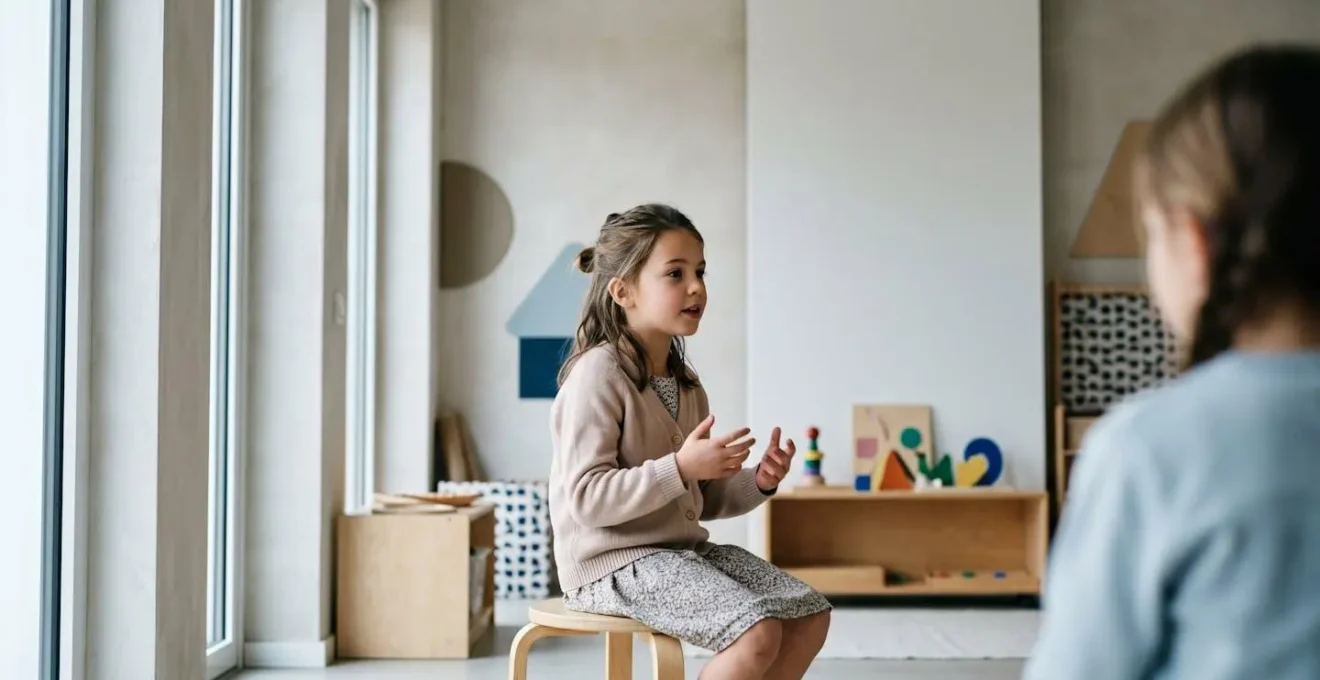 Young girl engaged in animated, rapid conversation showing internalized hyperactivity through excessive talking