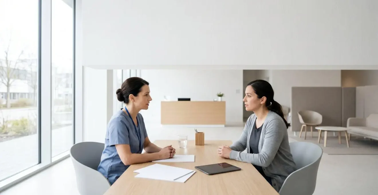 Wide environmental shot showing parent and health visitor in consultation discussing child development in calm clinical setting