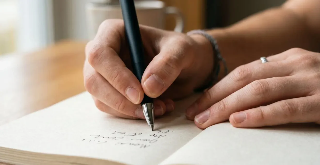Close-up of teenage hands writing in a journal during a therapeutic thought-reframing exercise