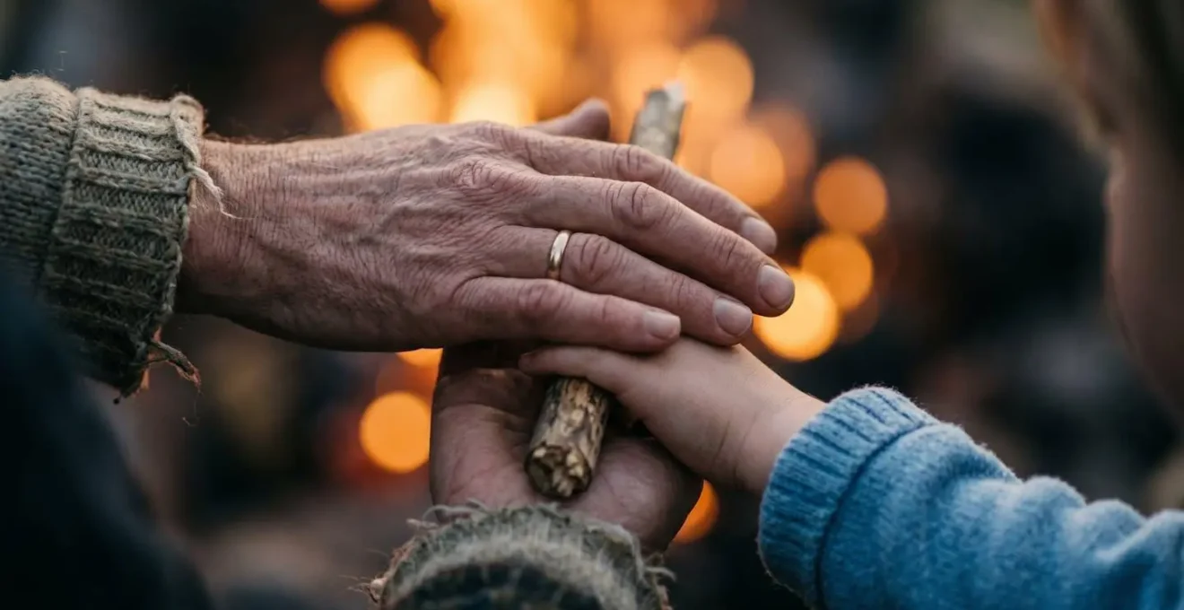Close-up of adult and child hands near natural campfire demonstrating supervised fire safety education