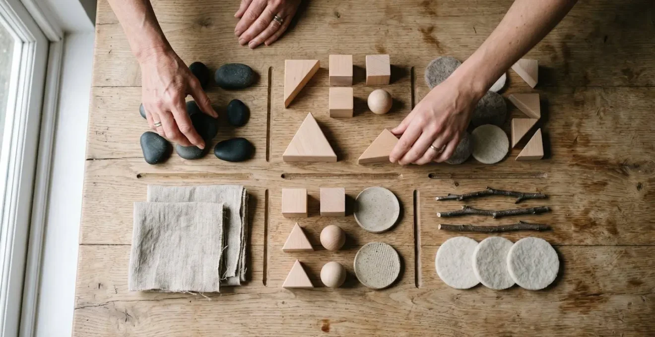 Close-up of hands organizing color-coded tokens or abstract objects representing task allocation on a clean surface