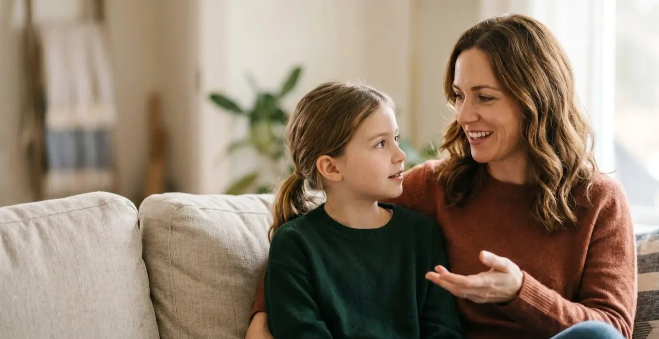 Close-up of mother and young daughter sharing a warm, positive conversation about growing up in natural home setting