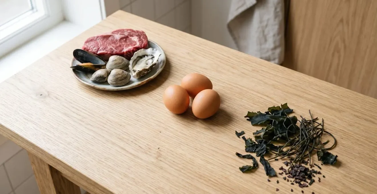Wide environmental shot of natural whole foods rich in iron, zinc and iodine arranged on wooden surface