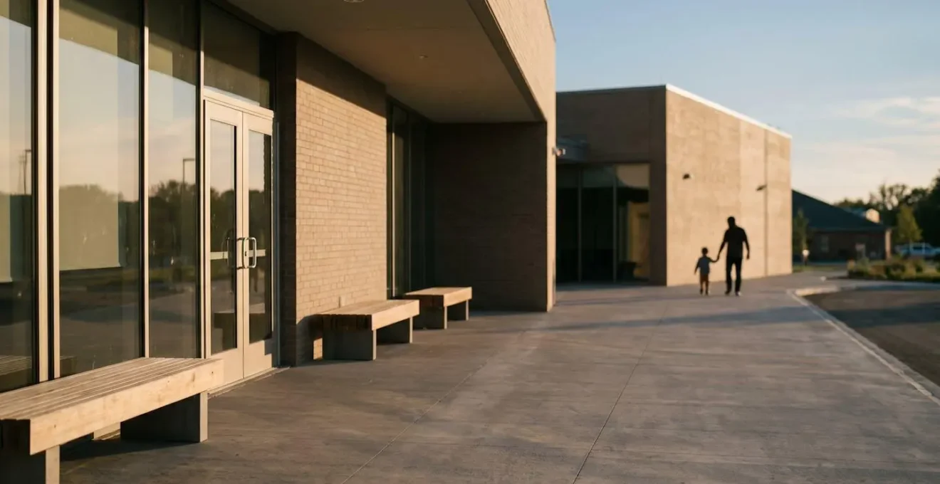 A wide environmental shot depicting a neutral public space used for safe child handovers