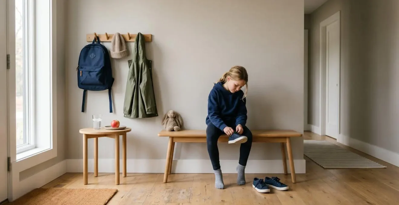 Child transitioning between two households with visible comfort ritual in calm domestic environment