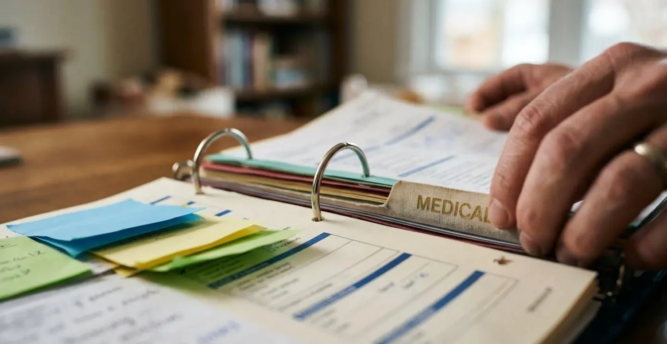 Close-up view of organized medical documents and therapy reports being carefully filed into color-coded folders with handwritten notes