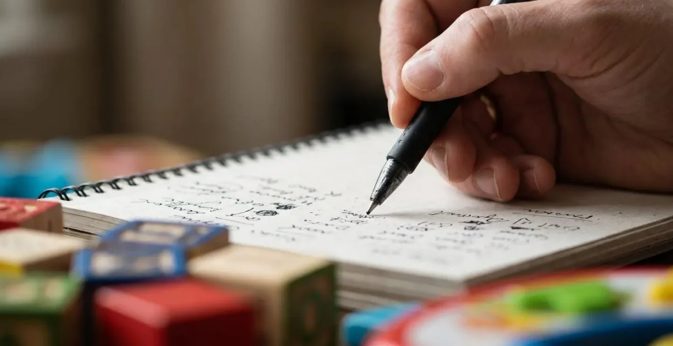 Close-up of parent's hands writing observational notes about toddler speech patterns in health record documentation