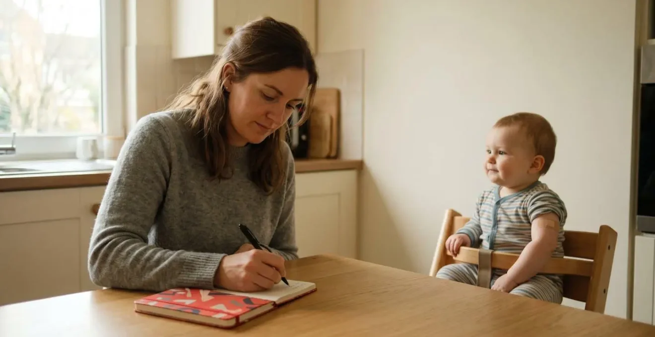 Parent writing health notes with infant nearby in gentle home setting