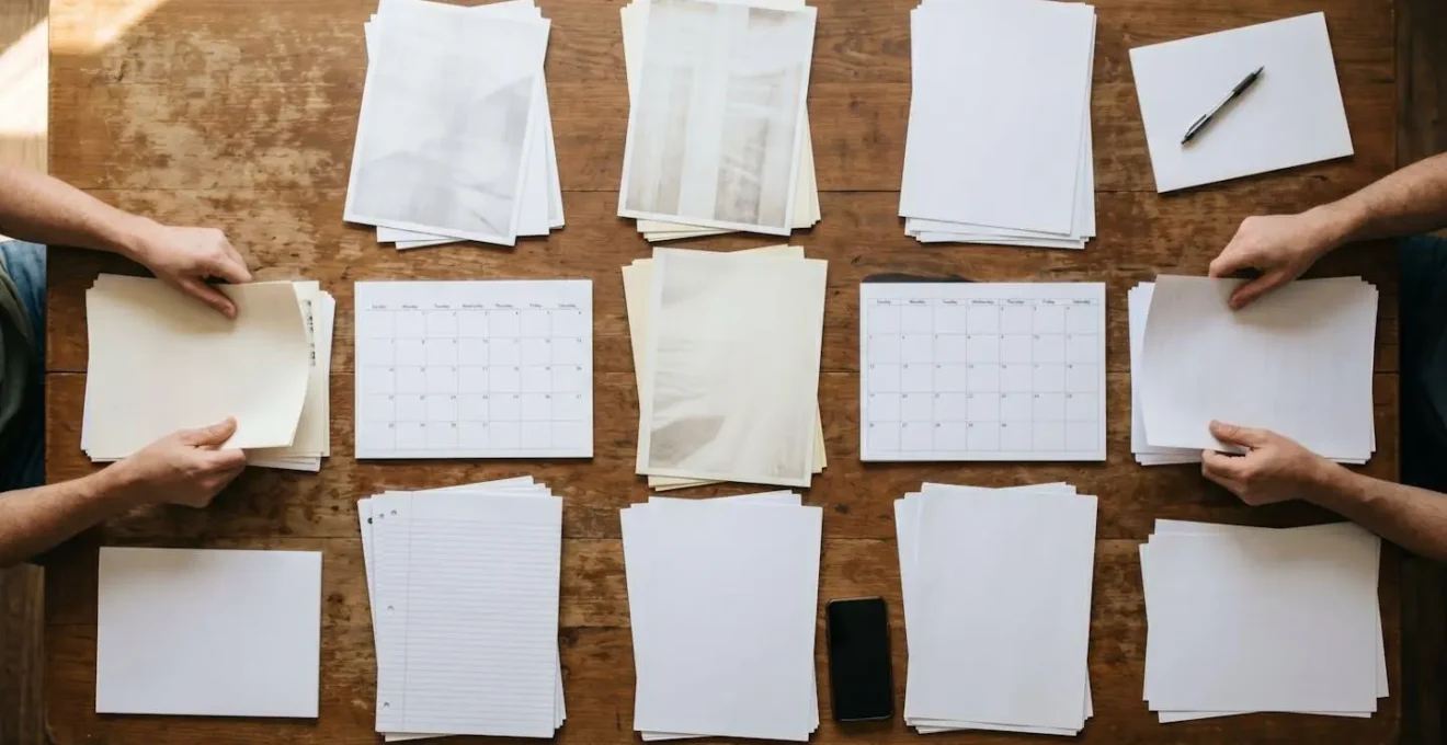 Overhead view of parent's hands organizing scattered receipts and notes on wooden table, symbolizing evidence gathering for NRM referral