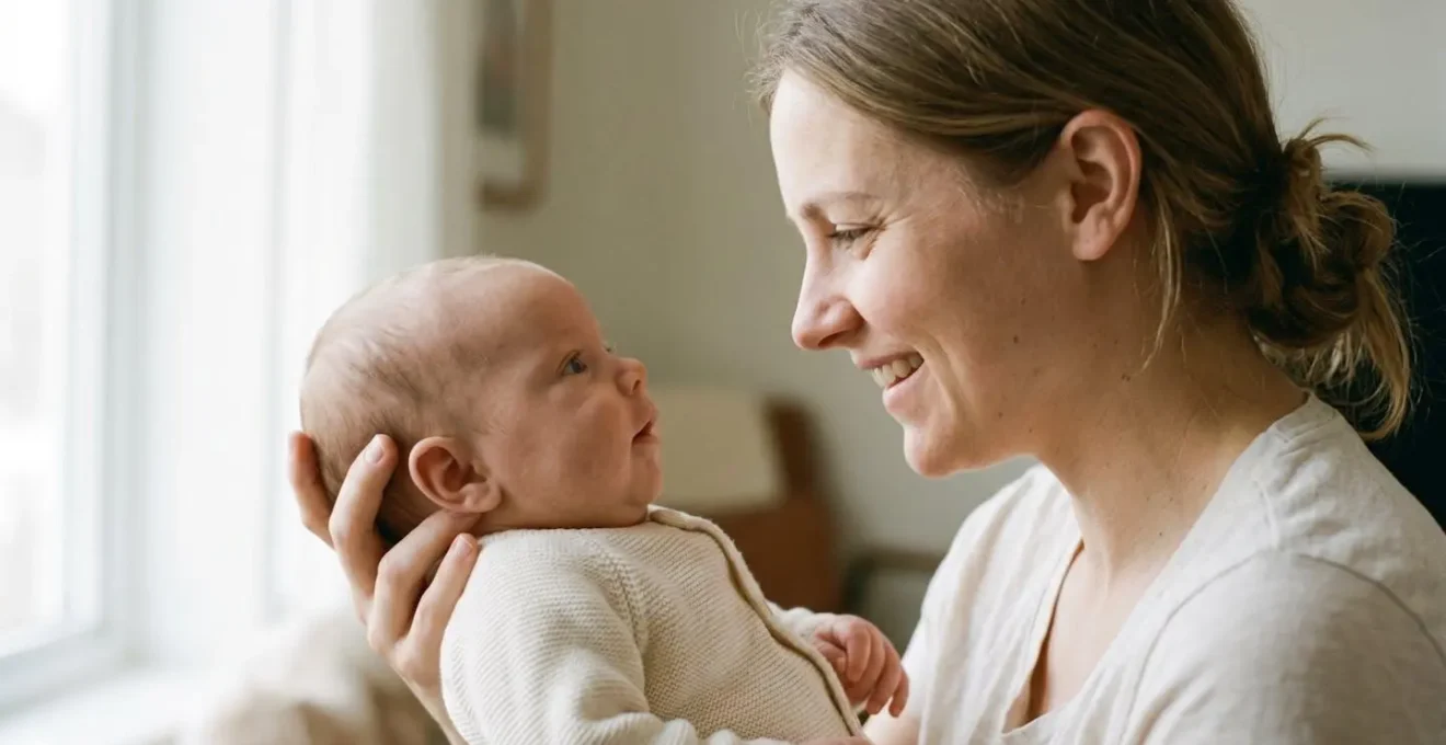 Intimate close-up of parent and newborn sharing sustained eye contact during bonding