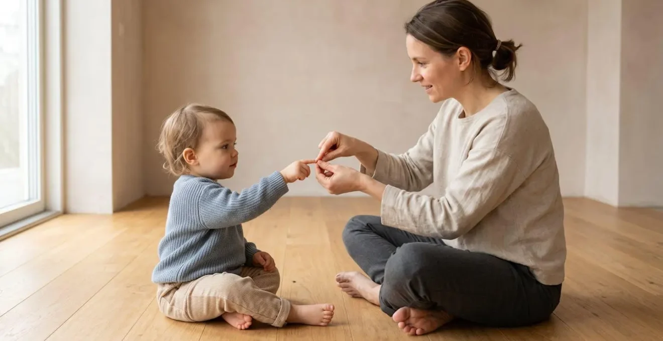 Parent and toddler using Makaton signs together during communication