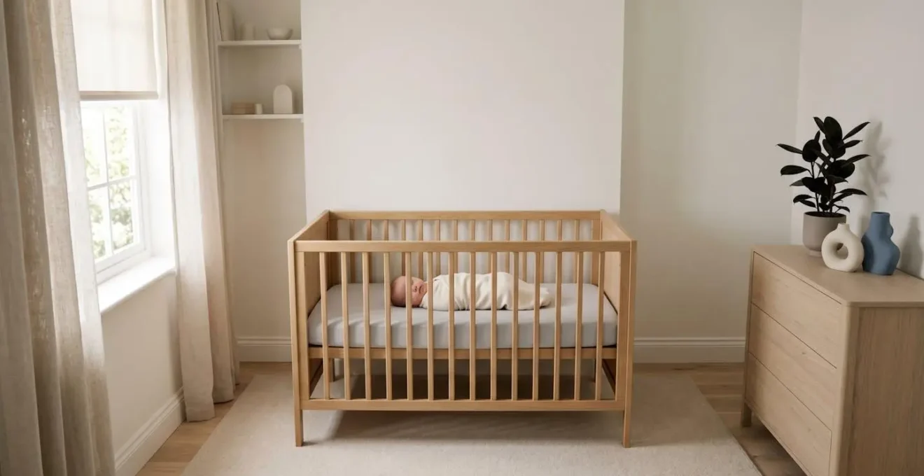 A serene nursery environment showing a sleeping baby in a safe sleep position within a minimalist cot setting bathed in soft natural light