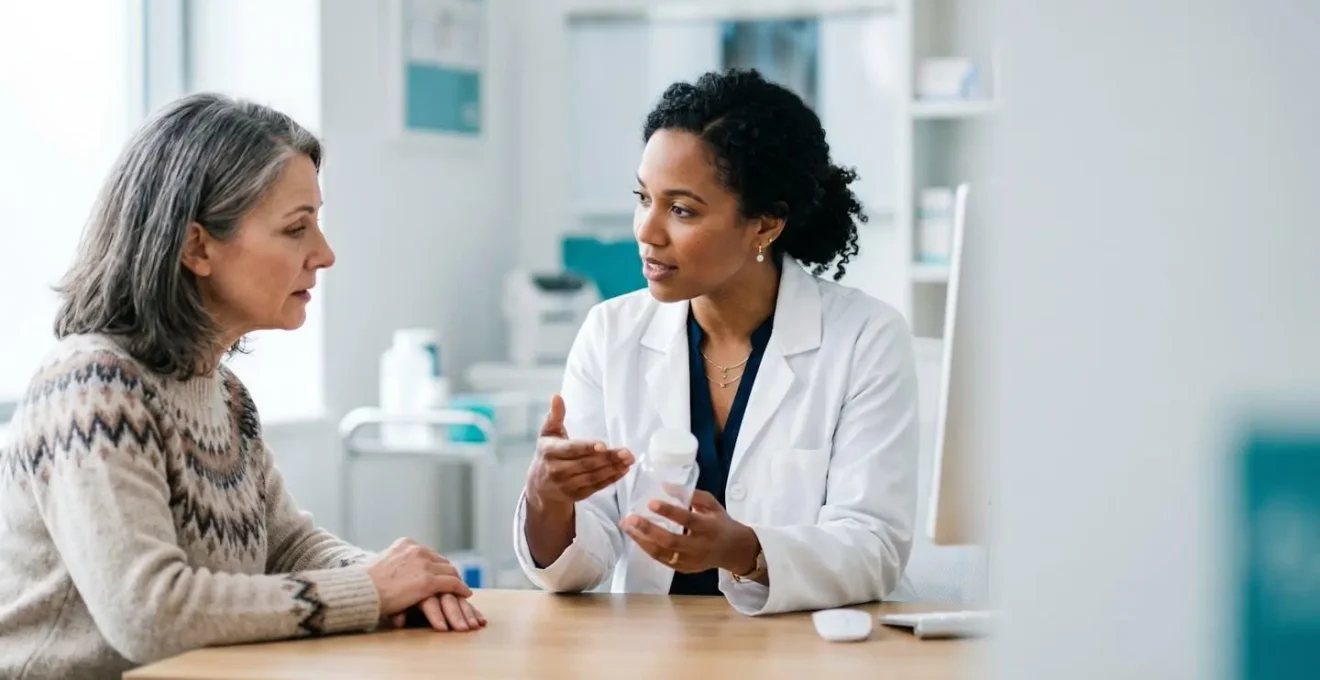 Pharmacist conducting clinical consultation with patient in private consultation room