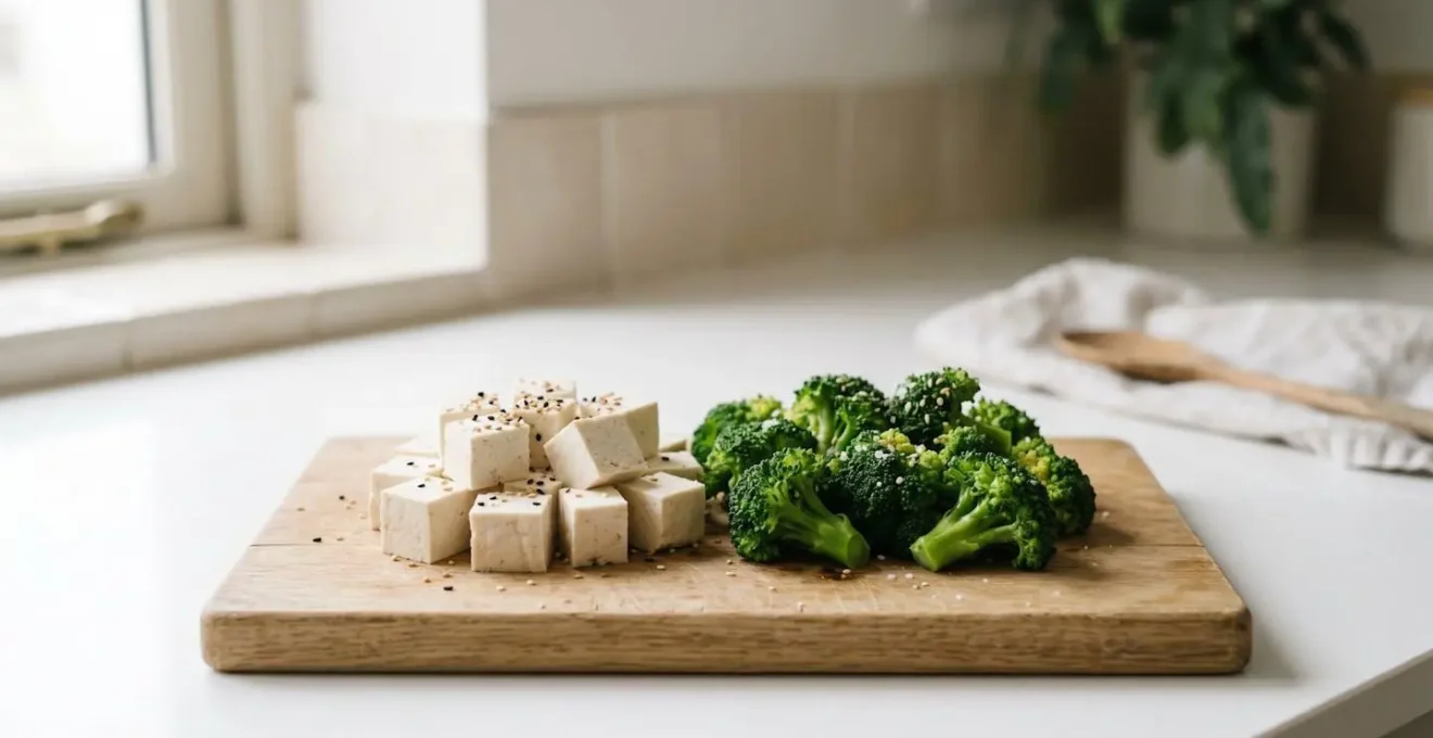 Fortified tofu and cooked broccoli arranged on a wooden cutting board with sesame seeds scattered nearby in natural kitchen lighting