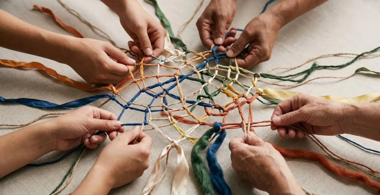 Hands gently arranging colorful interconnected threads forming a protective network pattern