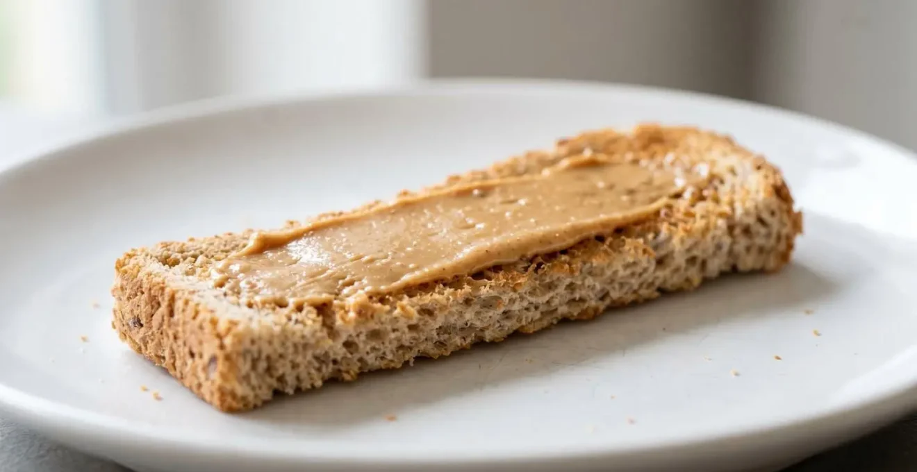 A close-up shot of a thin layer of smooth peanut butter spread on a soft wholemeal toast finger.