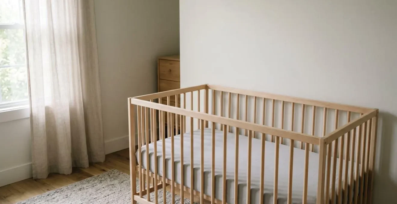Minimalist safe infant sleep space showing clear crib following Lullaby Trust guidelines