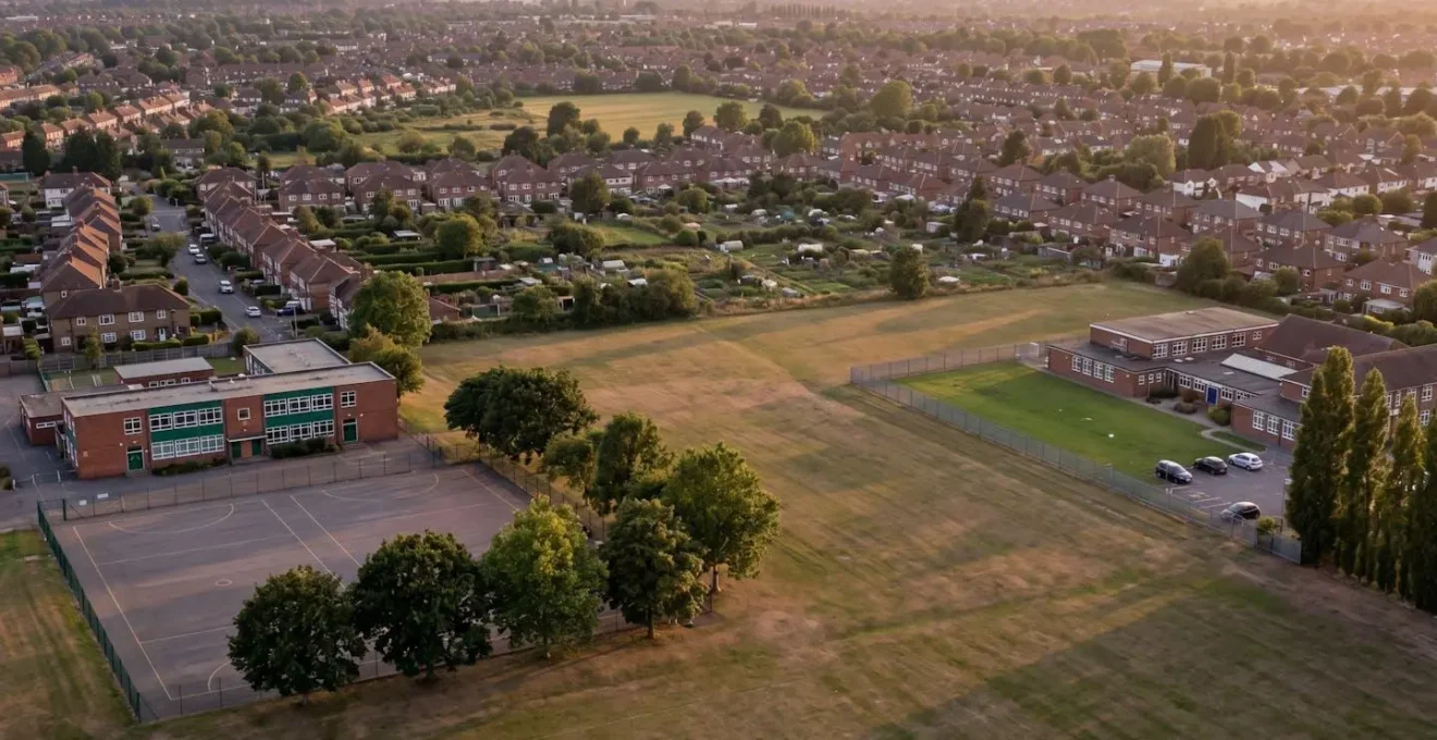 Two school buildings at distance showing logistical challenge for separated families