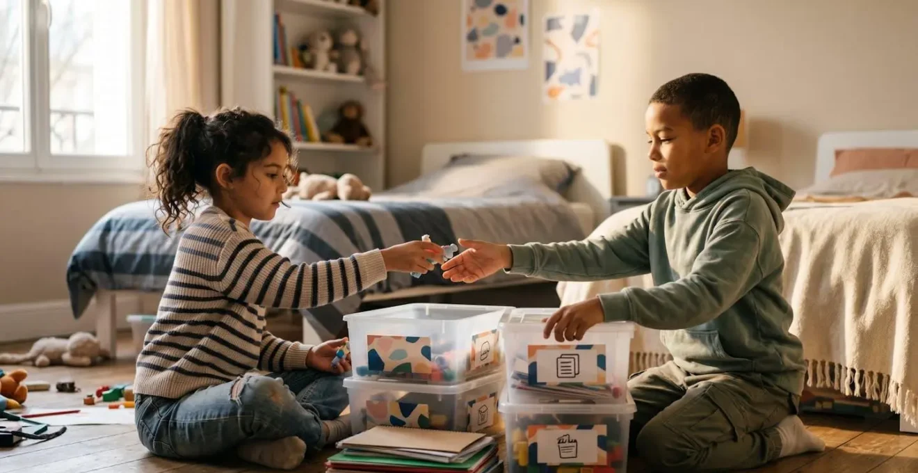 Two children collaboratively arranging personal belongings in a shared bedroom space symbolizing blended family cooperation