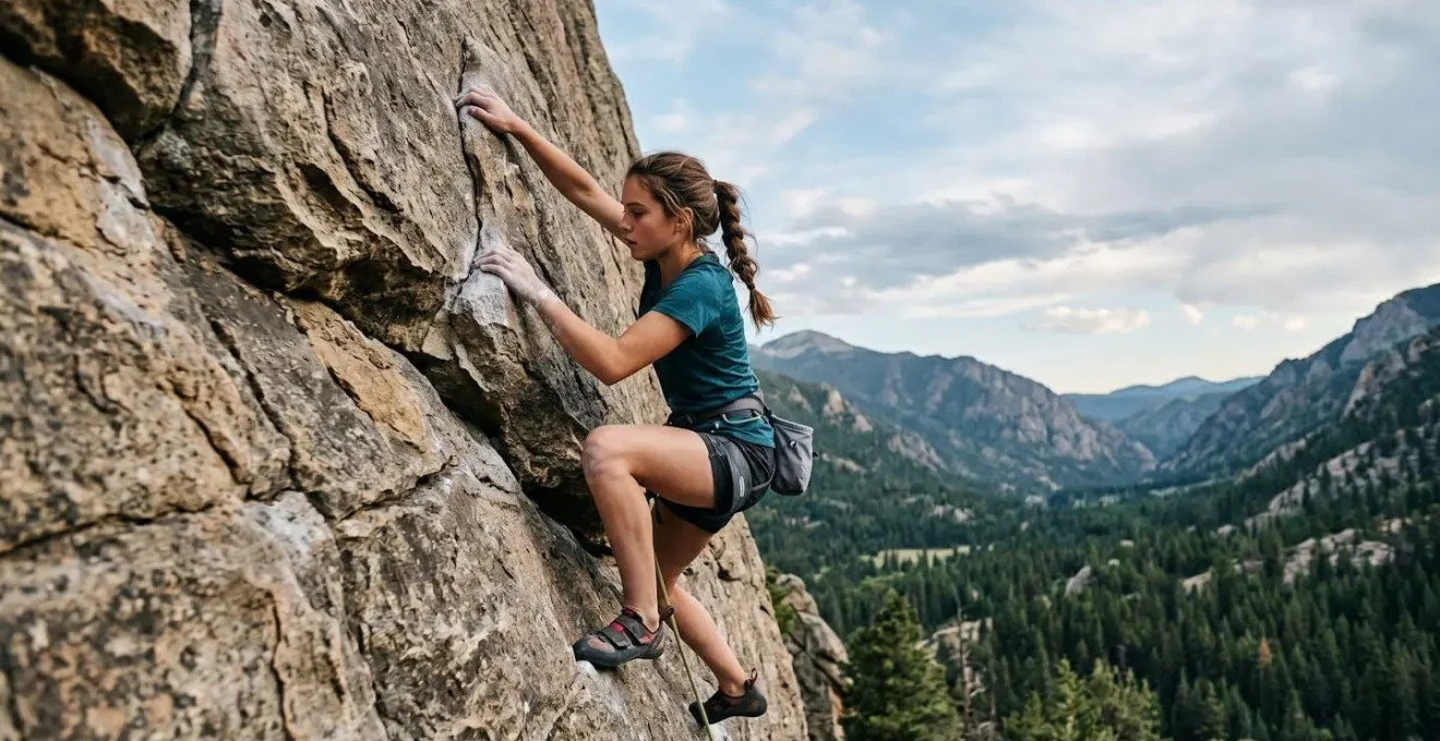 Wide environmental shot of teenage girl rock climbing outdoors, fully immersed in the challenging activity with natural landscape background