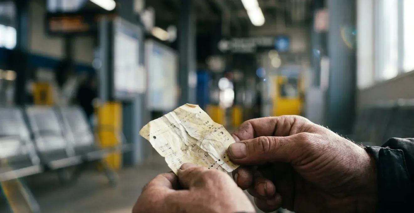 Close-up macro view of worn transit ticket in anonymous hand at bus station, highlighting textural details and architectural vulnerability