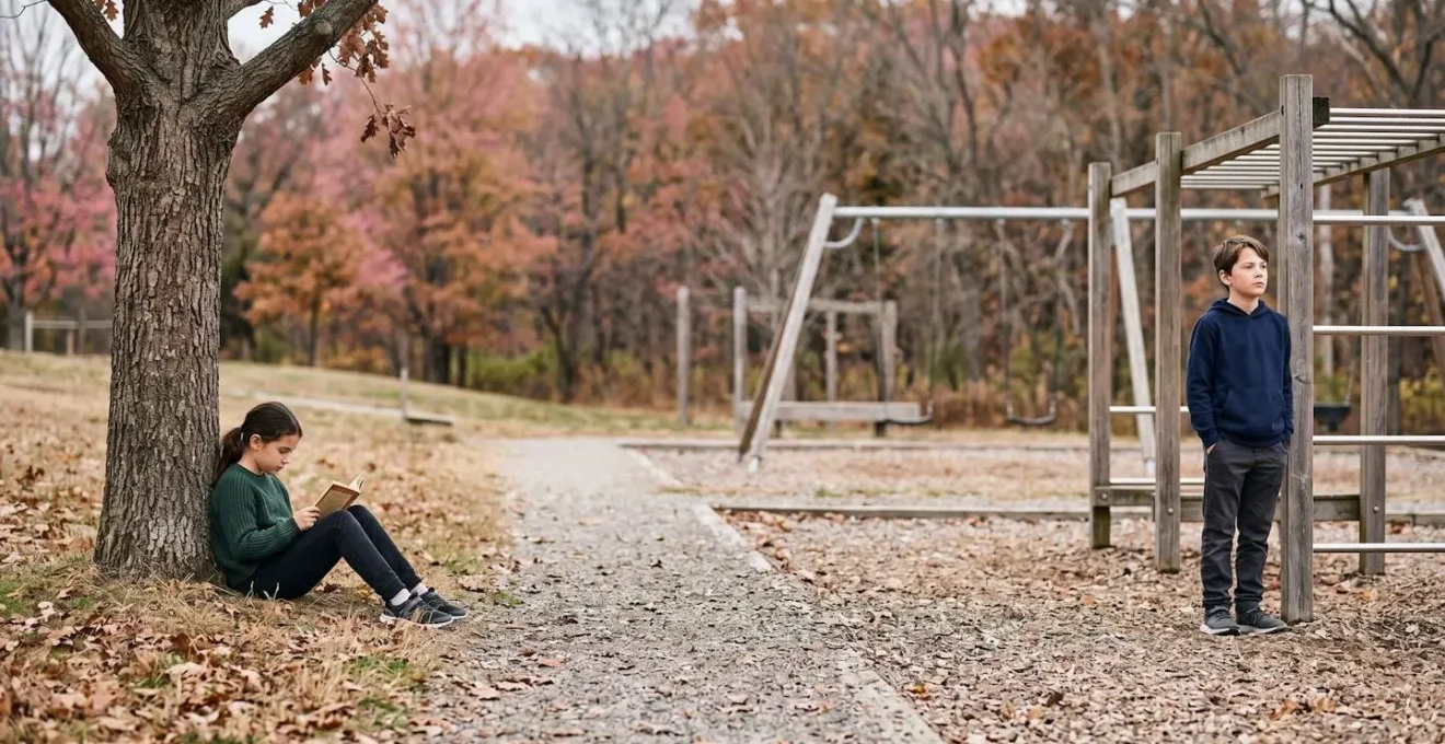 Wide environmental shot of two children in separate areas of a playground, depicting natural social distancing