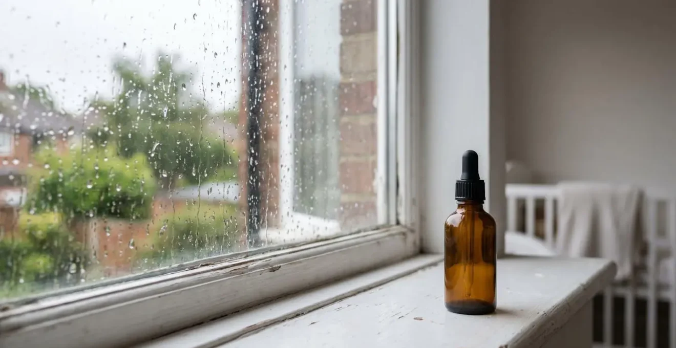 An amber glass dropper bottle of vitamin D supplements sitting on a windowsill with raindrops on the window pane, symbolising the UK's lack of sun.