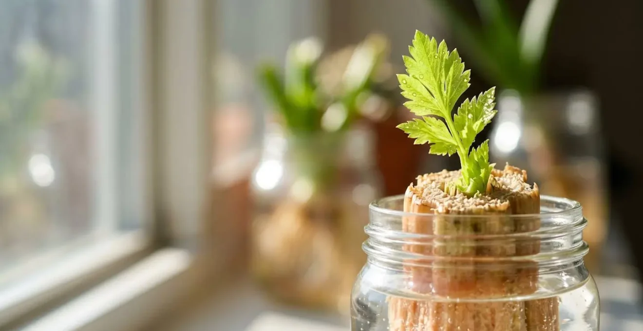 Extreme close-up of green sprout emerging from vegetable scrap showing detailed plant growth