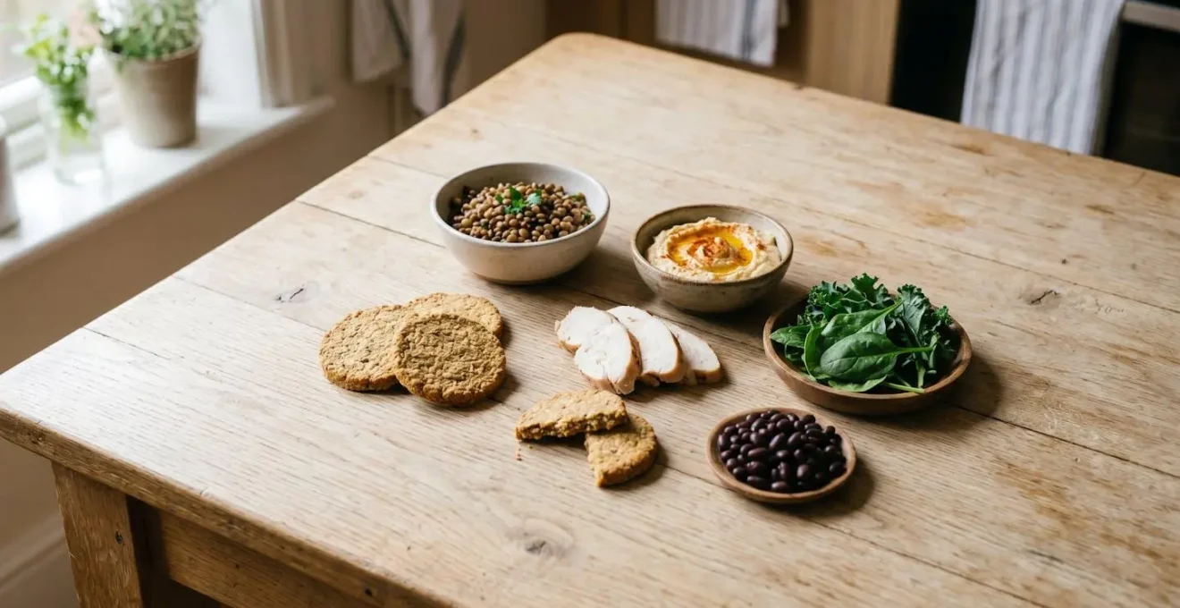 Colorful arrangement of nutrient-rich whole foods essential for preventing childhood stunting including legumes, lean protein, and fortified cereals