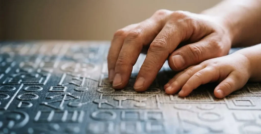 Close-up of hands hovering over abstract three-dimensional geometric pattern suggesting strategic spatial thinking Close-up of hands hovering over abstract three-dimensional geometric pattern suggesting strategic spatial thinking